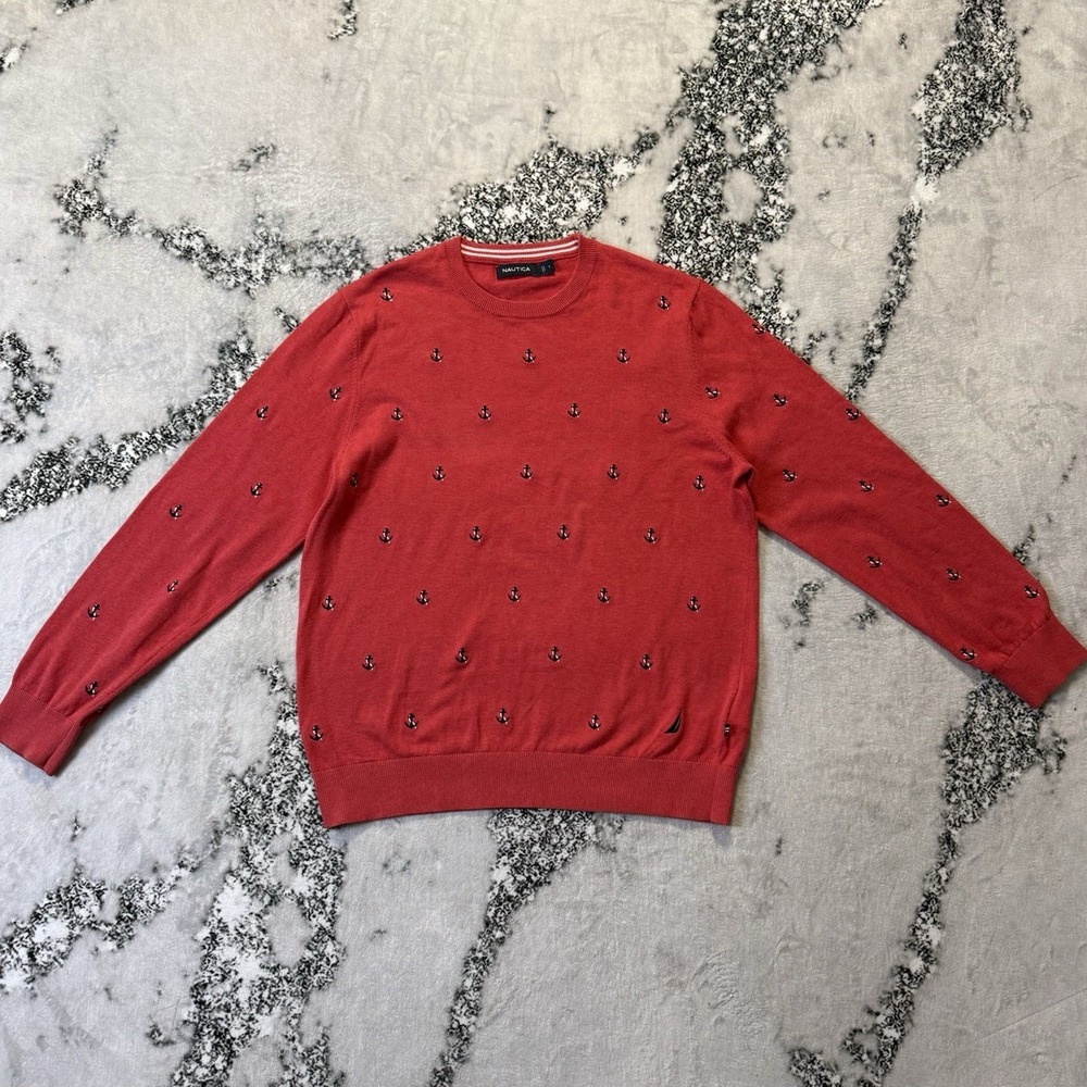 Nautica Sweater Mens Size L Red Anchor Embroidered All Over Preppy Nautical